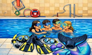 Ilustrace dětí v bazénu během zábavné lekce plavání, na okraji jsou potápěčské brýle, šnorchl, ploutve, monoploutev a kostým mořské panny.